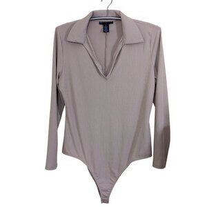Fashion To Figure Womens Bodysuit Plus 2X Beige Long Sleeve Collar V Neck Ribbed